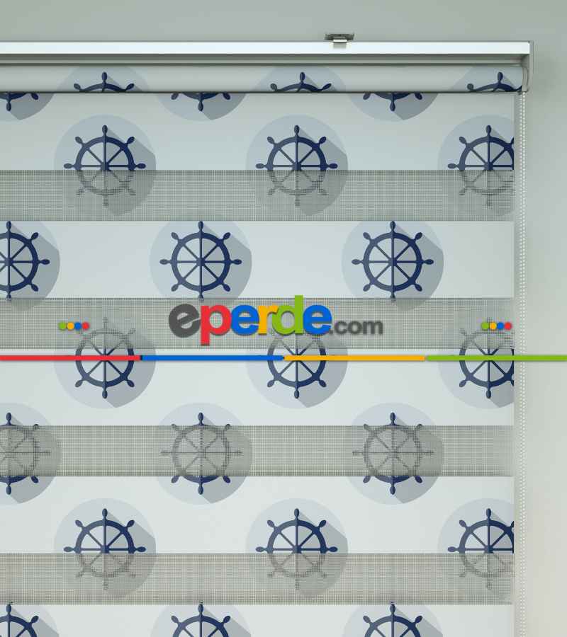 Çocuk Odası Zebra Perde - Dümen Baskılı Zebra Perde- Lacivert-Beyaz-Gri Açık