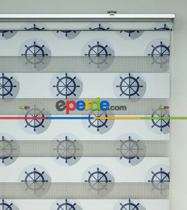 Dümen Baskılı Zebra Perde- Lacivert-beyaz-gri Açık