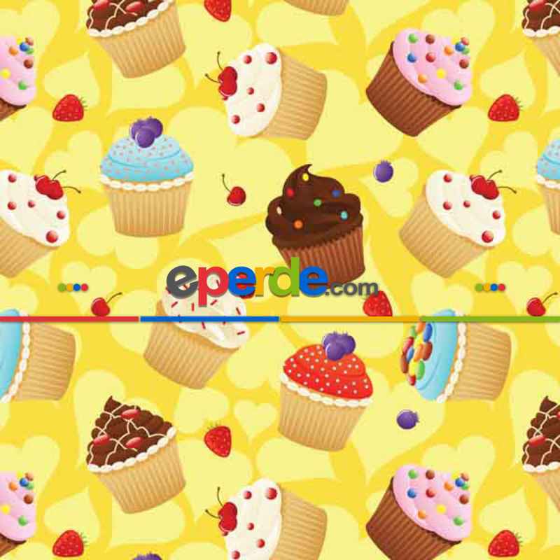 Mutfak Perdesi Kanat Fon Perde Cupcake Desenli- Mavi
