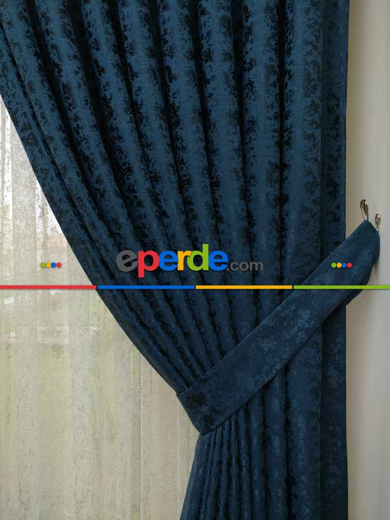 Lacivert Rengi Kendinden Desenli Jakar Fon Perde (285 En)- Lacivert