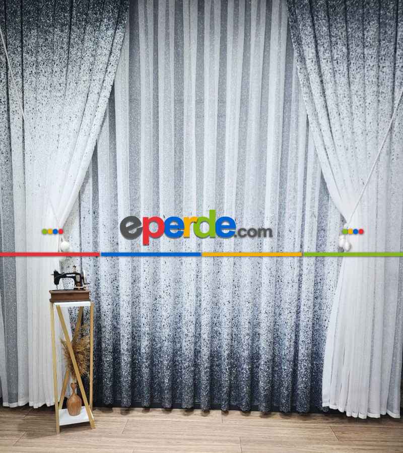 Mutfak - Üsten Dikim Renkli Gri-füme Püskürtme Tül Fon Perde