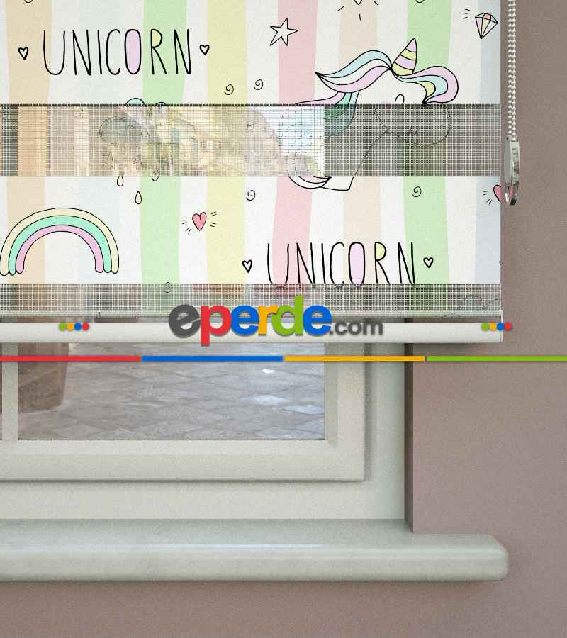 Unicorn Desenli Baskılı Zebra Perde- Çok Renkli