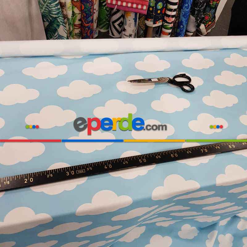 Bulut Desenli Fon Perde Evm484-1 Kumaşı Kalındır Duck Bezi Değildir- Beyaz-Mavi Açık