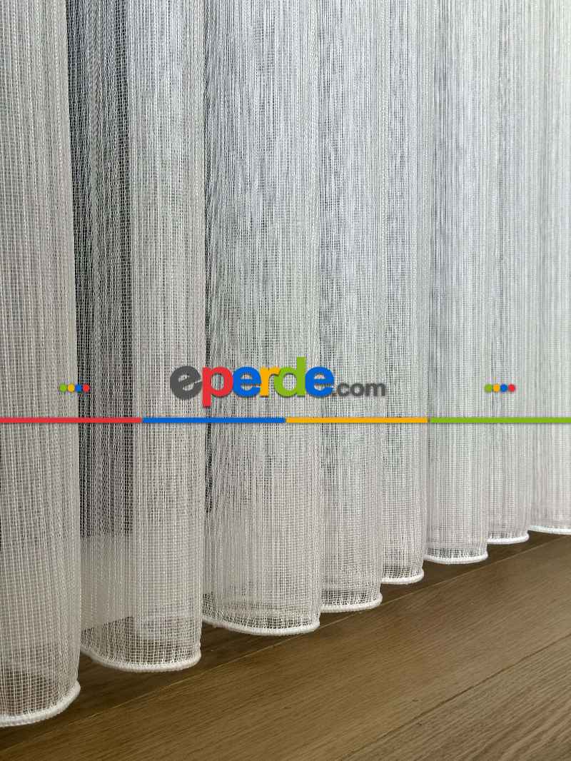 Oturma Odası Ekru Çizgili Tül Perde - Yüksek Kalite Kırık Beyaz Kurşunlu Tül