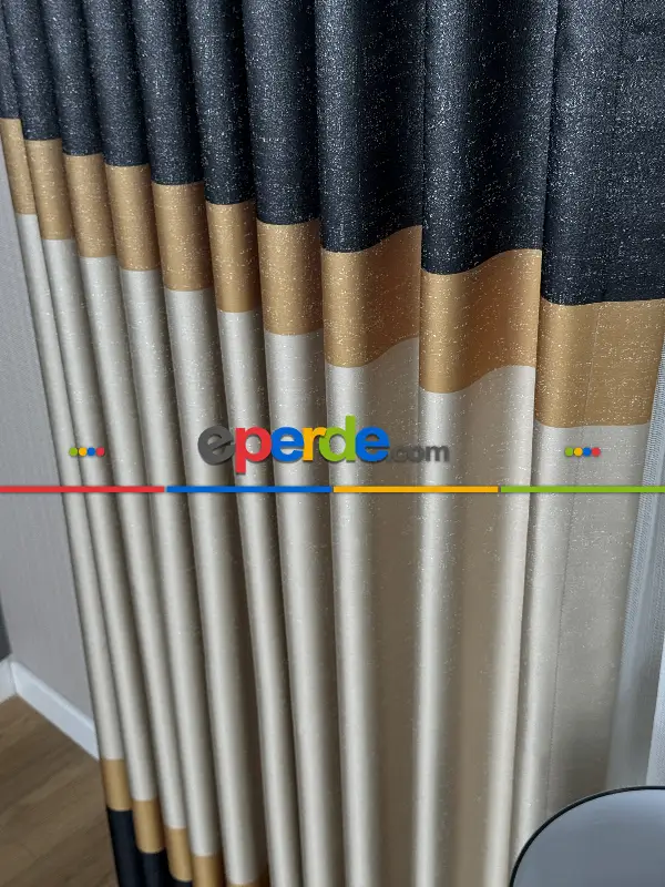 Yatak Odası - Koyu Antrasit Gri Turuncu Krem Jakar Dokuma Fon Perde, Parlak Zemin