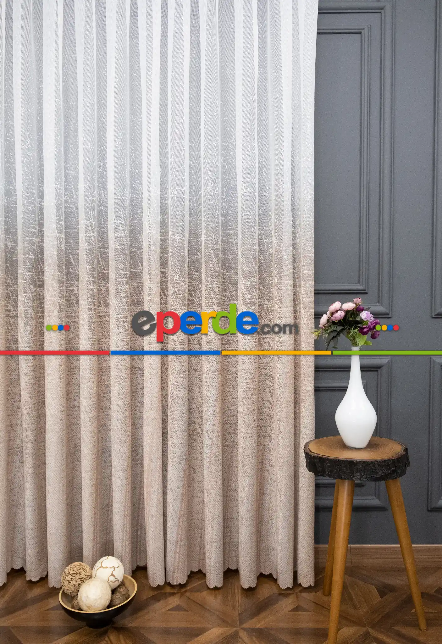 Salon Tül Perde - Modern Bej Rengi Degrade Geçişli Tül - Örme Dantel Tül