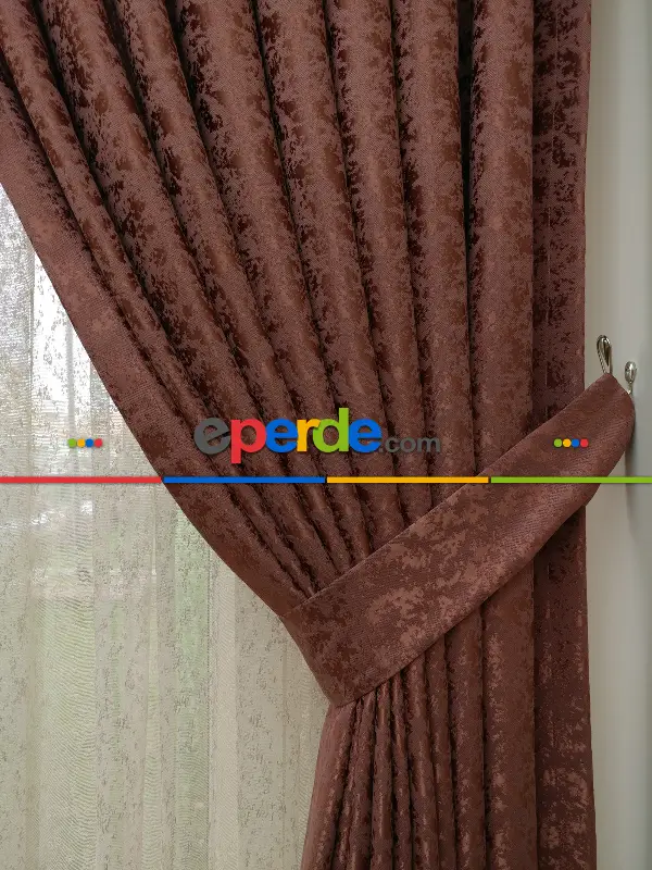 Yatak Odası - Bakır Duz Jakar Fon Perde - Kiremit Rengi