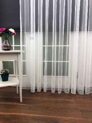 Bantlı Desenli Dantel Tül Perde- Ekru