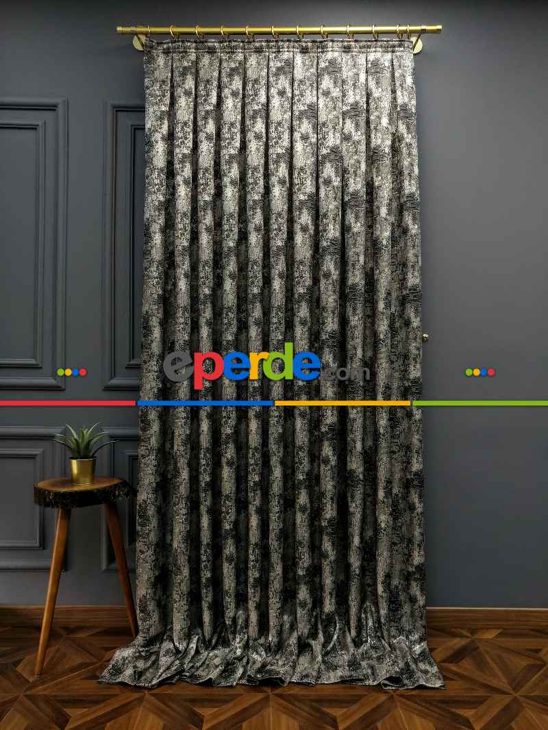 Salon Perdesi - Modern Desenli Jakarlı Fon Perde Yeni Seri 401- Gri-Füme-Antrasit
