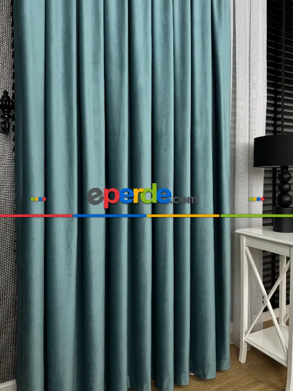 Yatak Odası - Turkuaz Mavi İthal Kadife Fon Perde, Premium Kalite Serisi Kadife Fon Perde