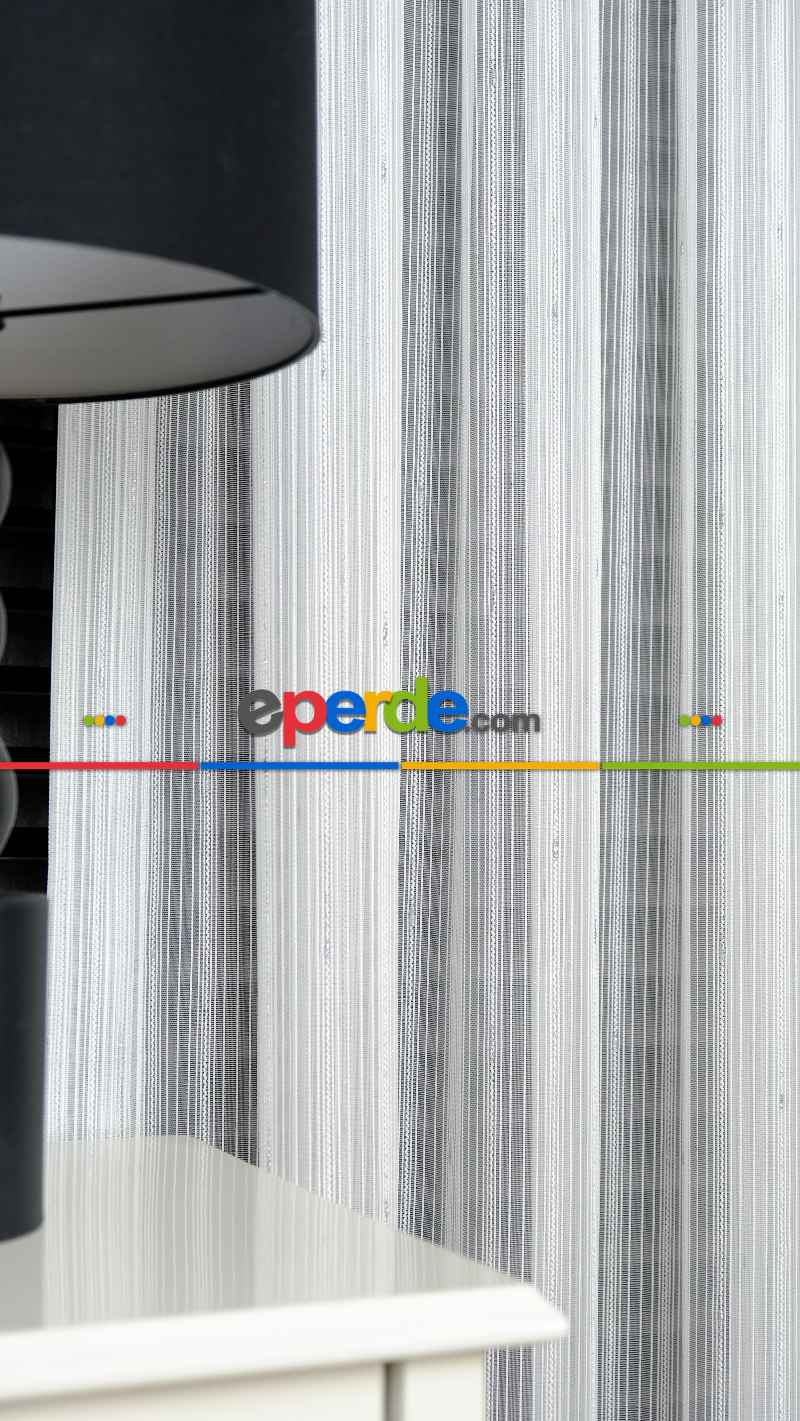 Ekru Zincir Çizgilli Gümüş Simli Tül Perde