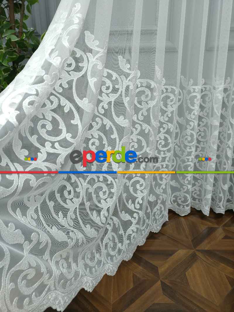Eteği Duble Nakış İşlemeli Lüx Tül Perde Ikon 2021- Beyaz Buz Beyazı