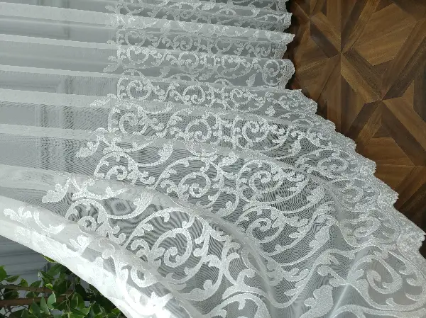 Salon Tül Perde - Eteği Duble Nakış İşlemeli Tül Perde Ikon 2021- Beyaz Buz Beyazı