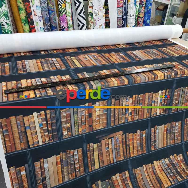 Genç Odası - Kitaplık Desenli Fon Perde Evm1077 Kumaşı Kalındır Duck Bezi Değildir- Kahverengi