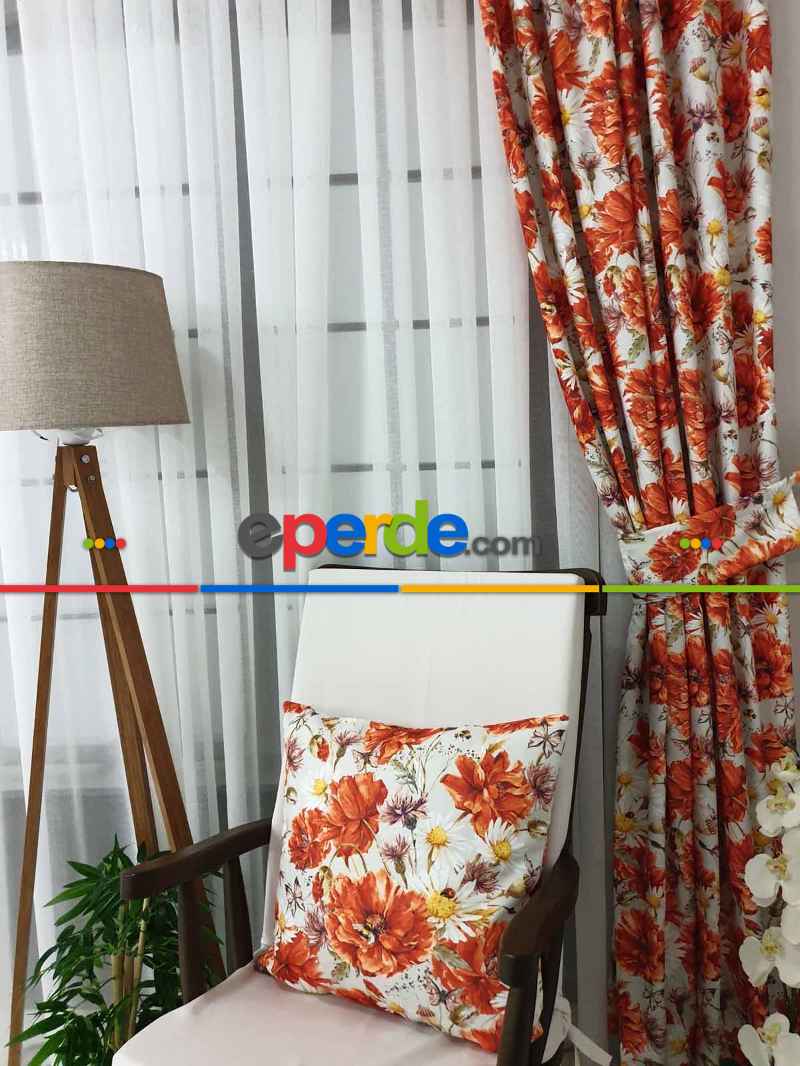 Turuncu Çiçek Desenli Fon Perde Evm645 Kumaşı Kalındır Duck Bezi Değildir- Sarı-beyaz-turuncu