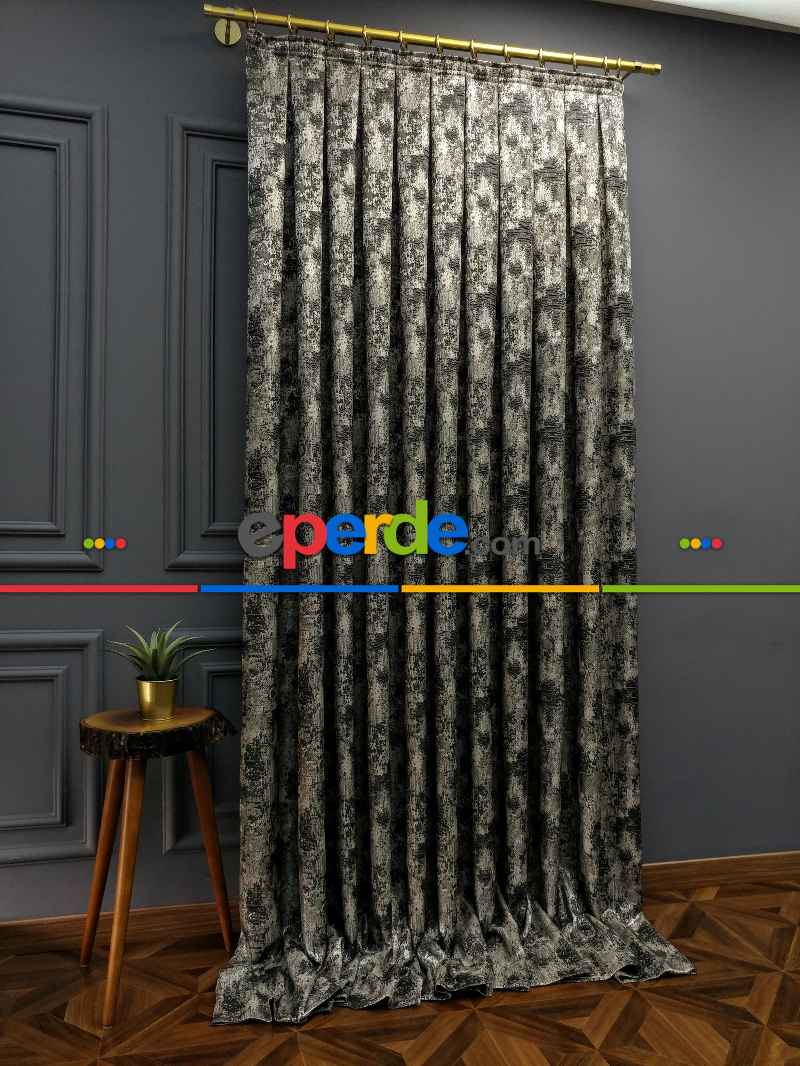 Salon Perdesi - Modern Desenli Jakarlı Fon Perde Yeni Seri 401- Gri-Füme-Antrasit