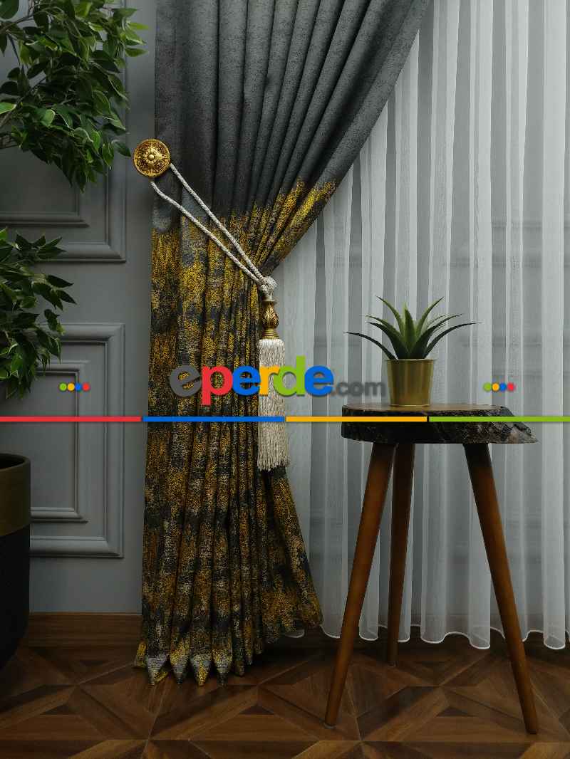 Patinedesenli Hardal Jakar Fon Perde (180)- Hardal