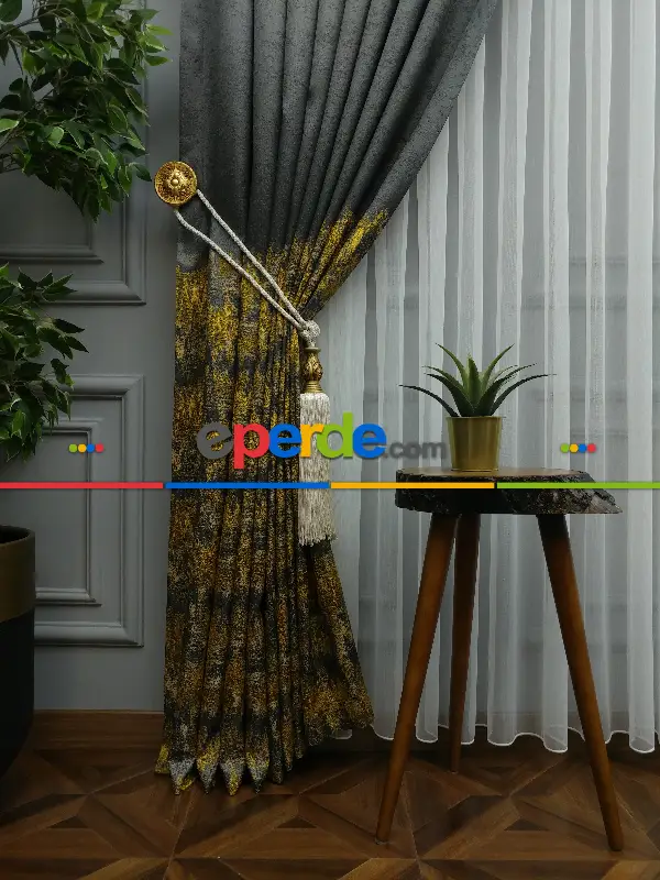 Yatak Odası Fon Patinedesenli Hardal Jakar Fon Perde (180)- Hardal