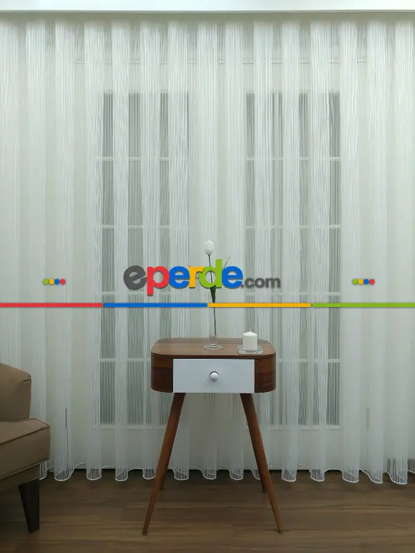 Ekru / Açık Krem Detaylı - Boyuna Çizgili Keten Tül Perde- Krem-ekru - Kurşunlu Tül