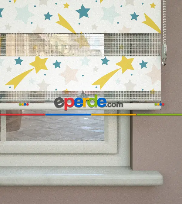 Yıldız Desenli Baskılı Zebra Perde- Çok Renkli