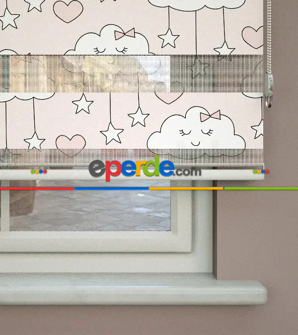 Bulut Desenli Baskılı Zebra Perde- Çok Renkli