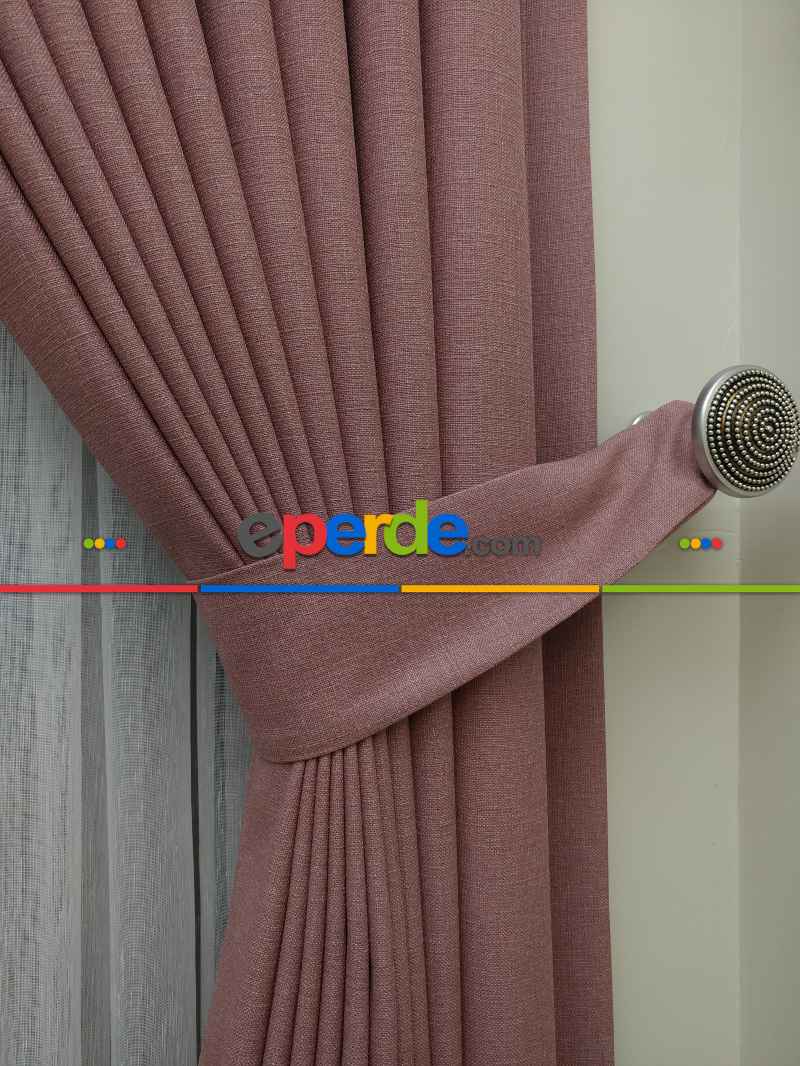 Keten Gül Kurusu Renk Düz Fon Perde- Pudra