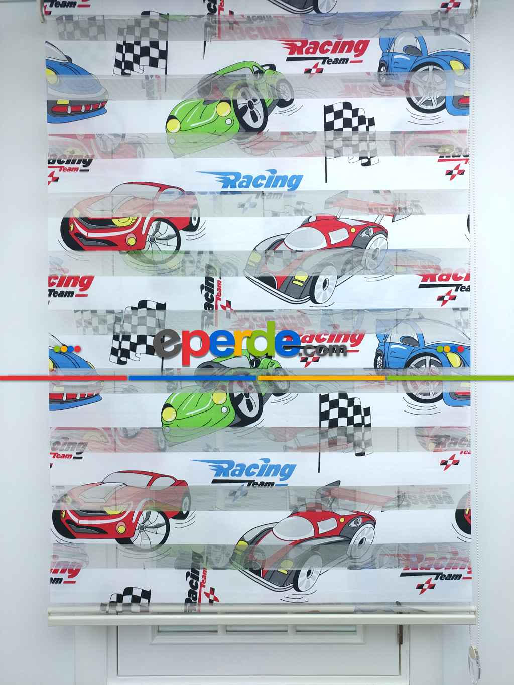 Racing Arabalı Desen Zebra Perde Kırmızı-mavi-siyah- Siyah-Mavi-Kırmızı