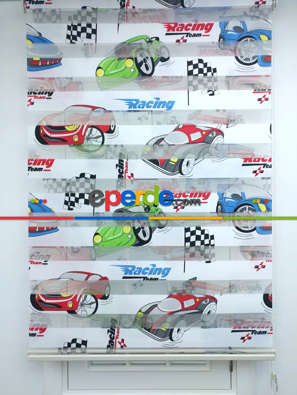 Racing Arabalı Desen Zebra Perde Kırmızı-mavi-siyah- Siyah-Mavi-Kırmızı