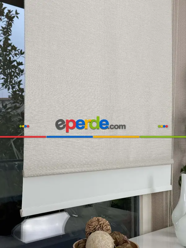 Ekru Krem Çiftli Sistem Tül Stor Perde, Standart Metal Kasalı Yüksek Kalite Kornişe Kolay Montaj Seçenekli