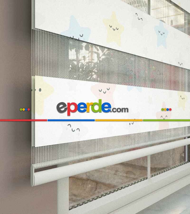 Yıldız Desenli Baskılı Zebra Perde- Çok Renkli