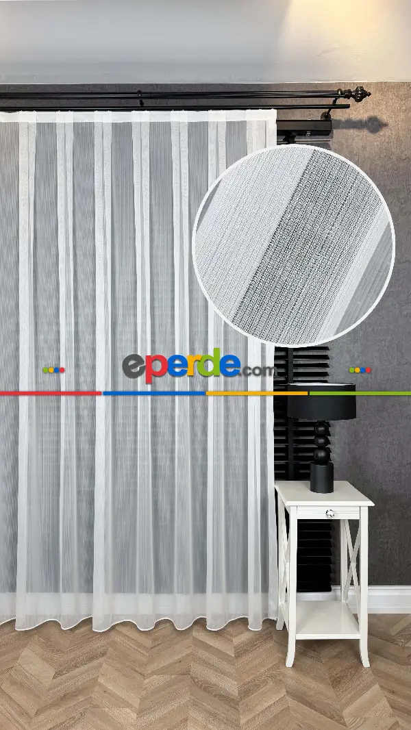 Salon - Brillant Ekru Hafif Simli Çizgili Seyrek Pile Tül Perde