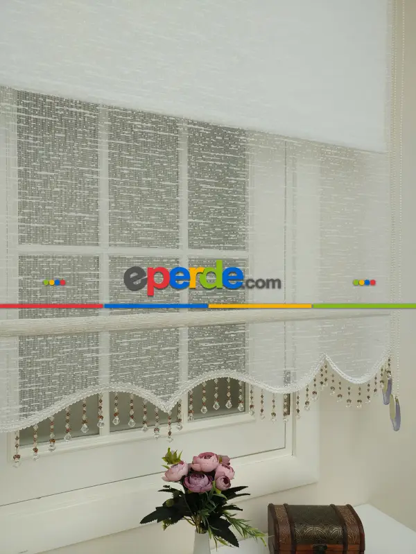 Brillant Tül Ve Stor Perde - Çiftli Sistem Tül Ve Güneşlik - Ekru-beyaz