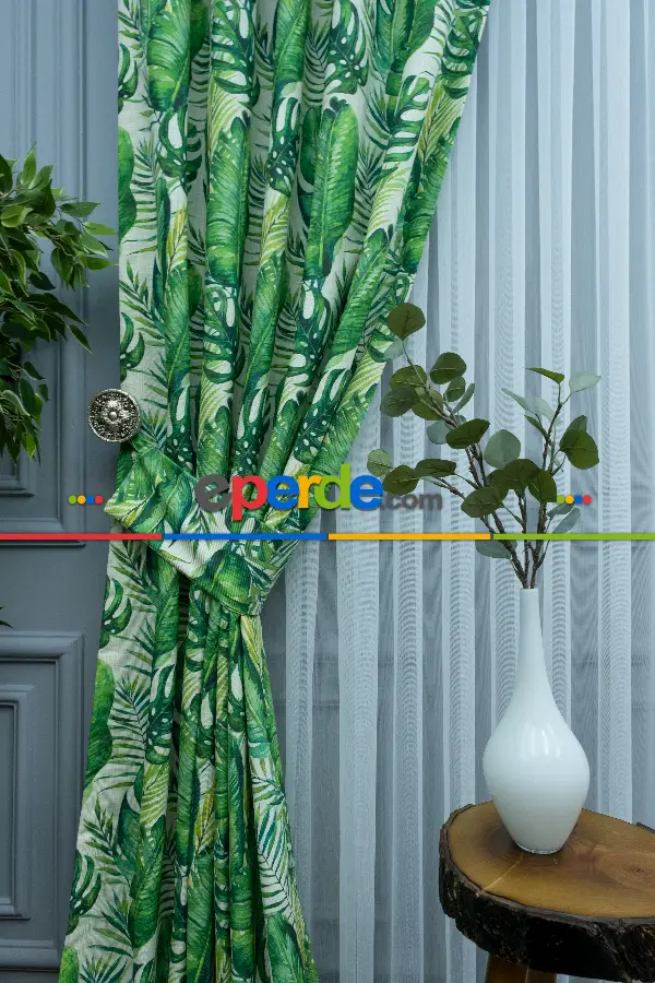 Salon Fon - Tropikal Yaprak Desenli Fon Perde Evm1122 Kumaşı Kalındır Duck Bezi Değildir- Yeşil-Beyaz