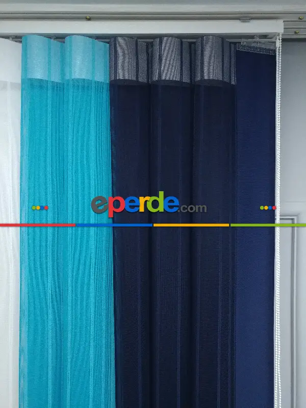 Lens Akıllı Dikey Tül Perde 113- Lacivert-beyaz-turkuaz