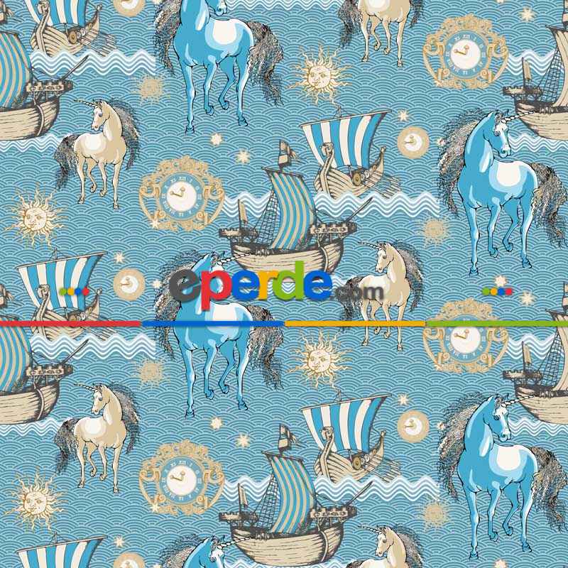 Marine Ve At Desenli Fon Perde Evm832 Kumaşı Kalındır Duck Bezi Değildir- Beyaz-Mavi Açık