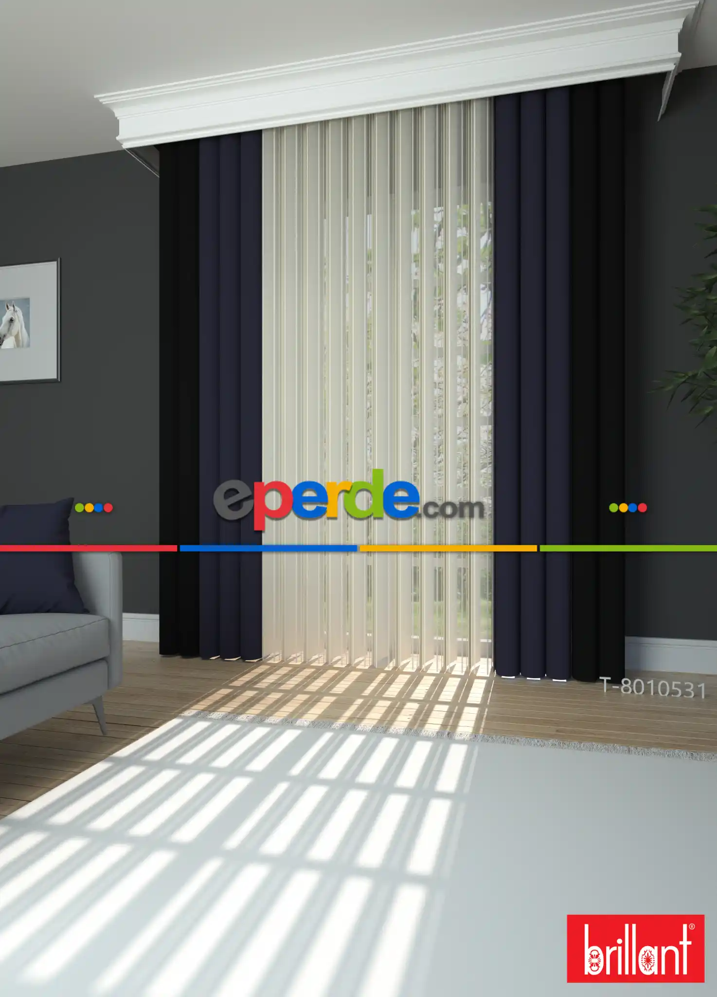 Brillant Akıllı Tül Siyah-lacivert Perde Tül Dikey Zebra Perde Düz 1. Kalite