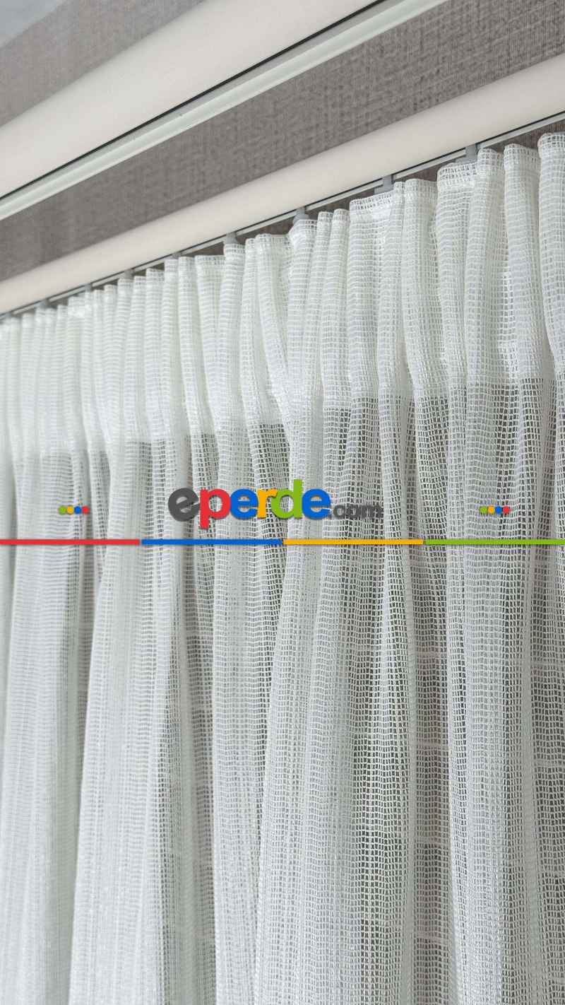 Brillant Ekru Hafif Simli File Tül Perde, Büzgü Ekstraforlu