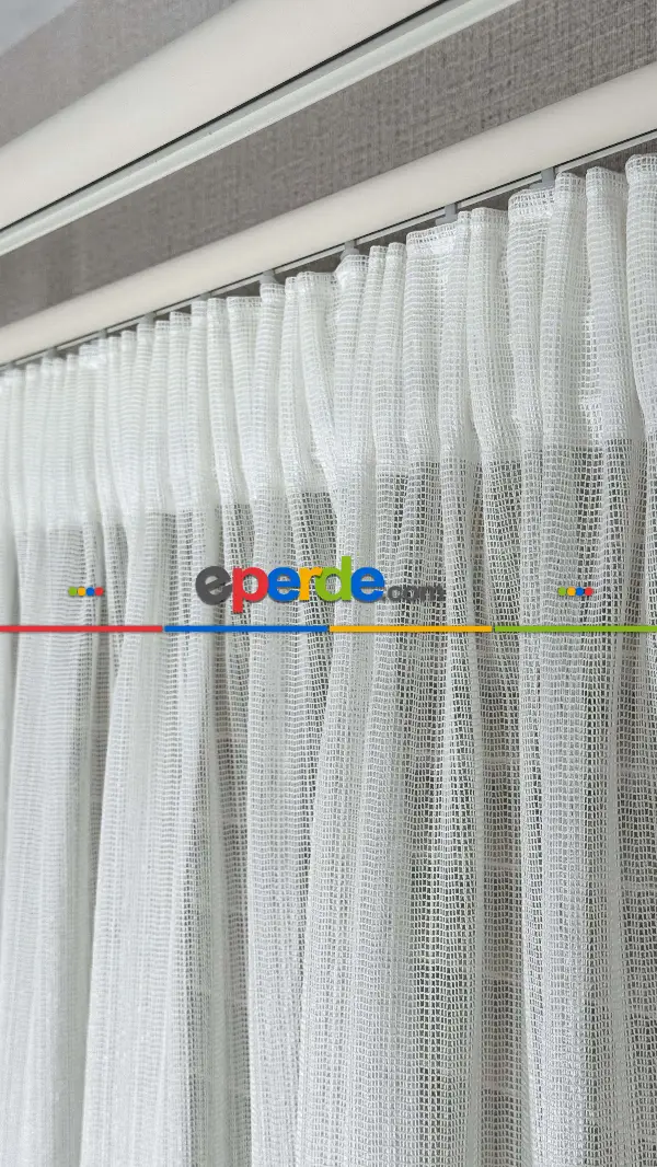 Brillant Ekru Hafif Simli File Tül Perde, Büzgü Ekstraforlu