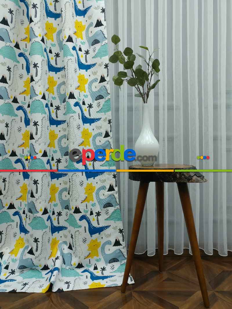 Erkek Çocuk ve Bebek Odası Fon Perde - Dinazor Desenli - Mavi Sarı