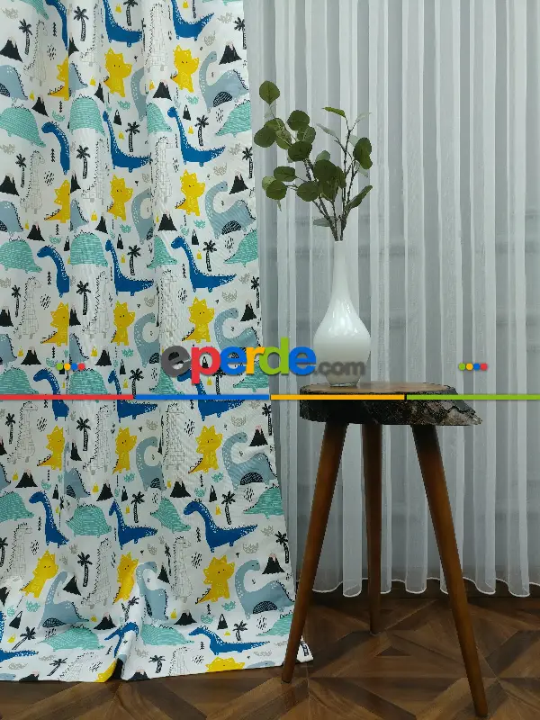 Bebek Odası Fon - Dinazor Desenli Fon Perde Evm499 Kumaşı Kalındır Duck Bezi Değildir- Mavi-Sarı