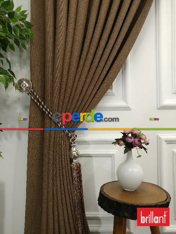 Yatak Odası - Brillant Keten Kahve Renk Düz Fon Perde - Kahve Açık