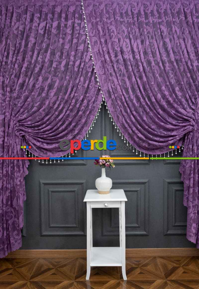 Mor Sarmaşık Desen Tül Kruvaze Şal Tül Perde Yanki Tül - Düz Model Sipariş Seçeneği - Yatak Odası Tül