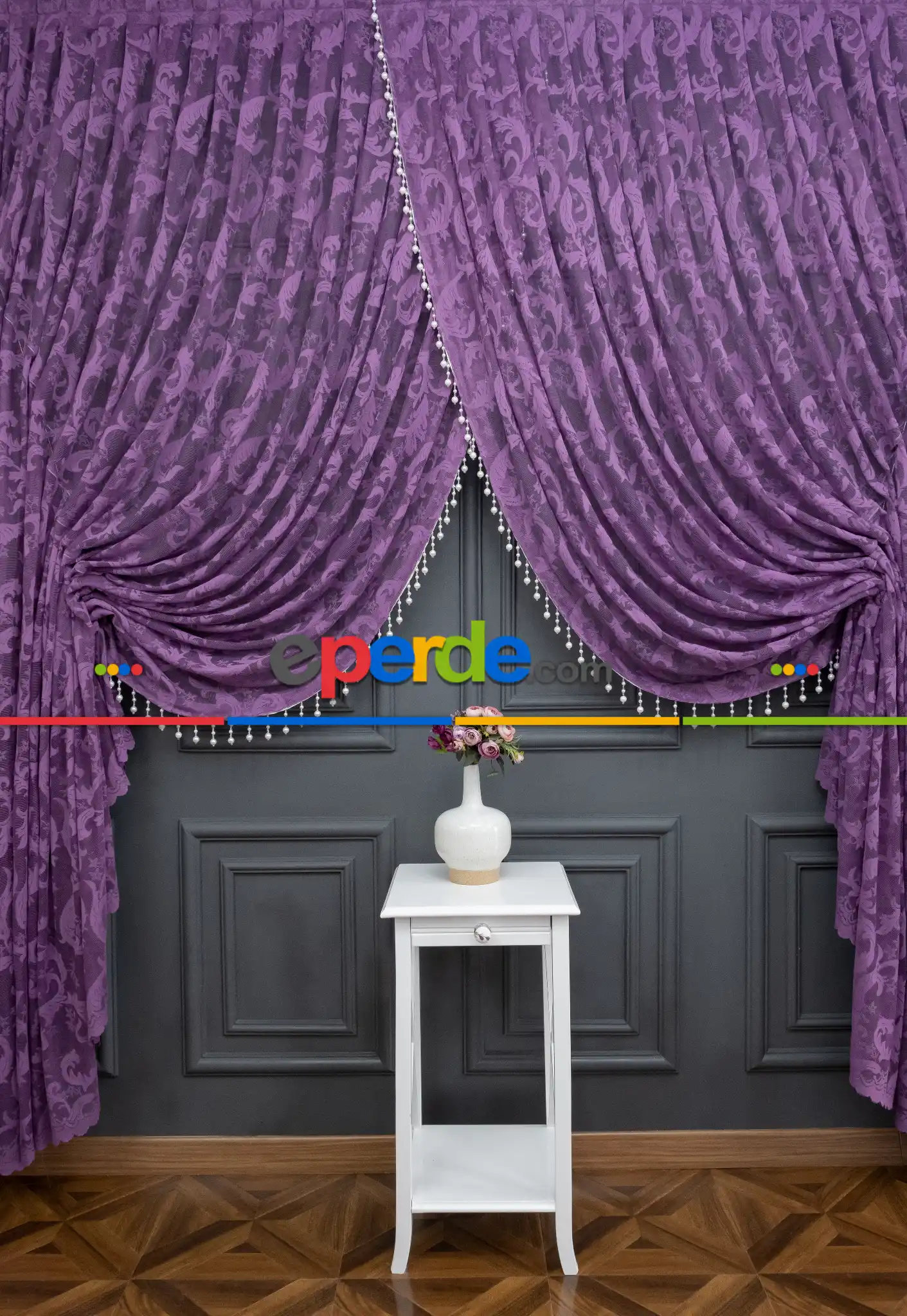 Mor Sarmaşık Desen Tül Kruvaze Şal Tül Perde Yanki Tül - Düz Model Sipariş Seçeneği - Yatak Odası Tül