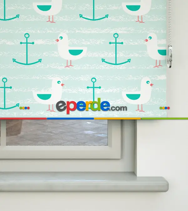 Bebek Odası - Çapa Desenli Baskılı Stor Perde- Yeşil-Çok Renkli