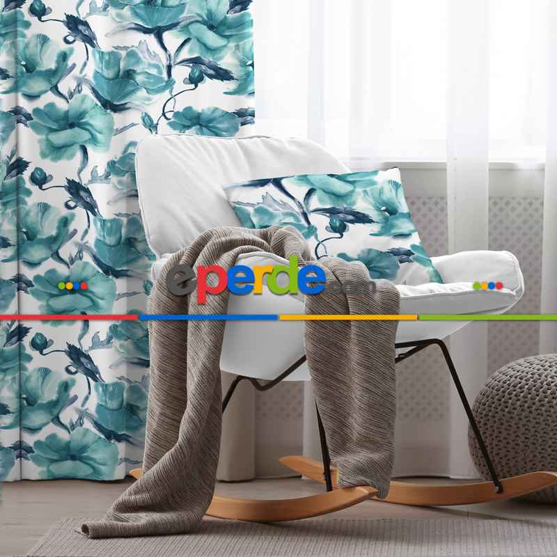 Oturma Odası Fon Perde Evim1557 Kumaşı Kalındır Duck Bezi Değildir- Mavi-beyaz