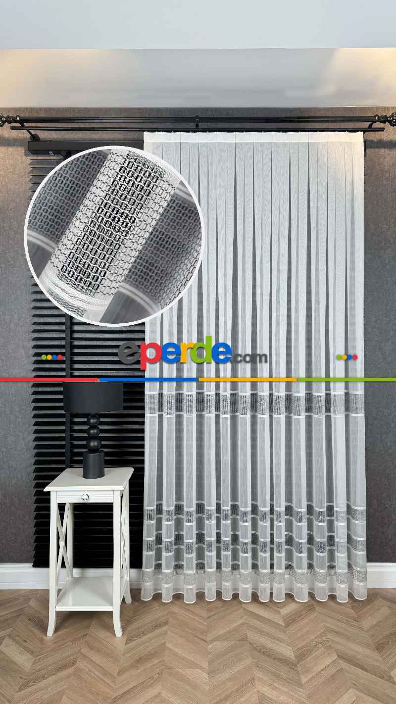 Yatak Odası - Gri Beyaz Bambu Bantlı Düz Tül Perde
