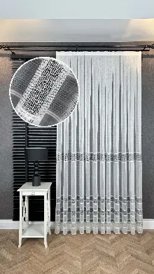 Yatak Odası - Gri Beyaz Bambu Bantlı Düz Tül Perde