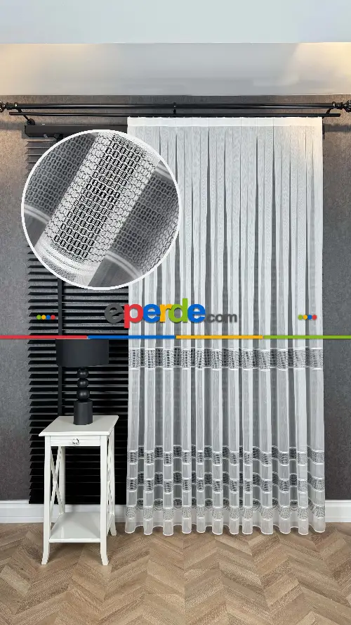 Gri Beyaz Bambu Bantlı Düz Tül Perde