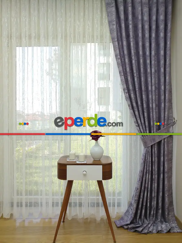 Patinedesenli Lila - Katyonik Jakar Fon Perde- Lila