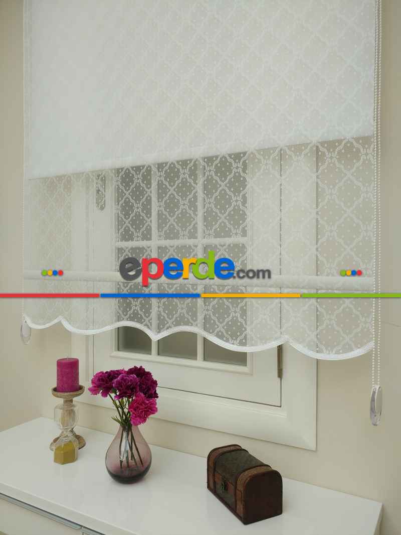 Oturma Odası - Jakar Örme Tül- Ekru Çiftli Sistem Dantel Desenli Perde- Ekru